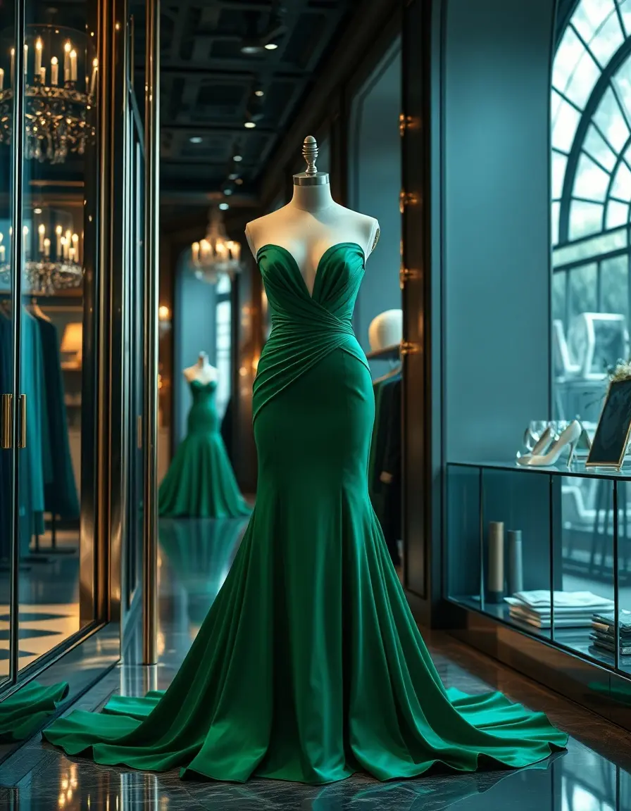 Elegante vestito da cerimonia verde smeraldo in una boutique di lusso