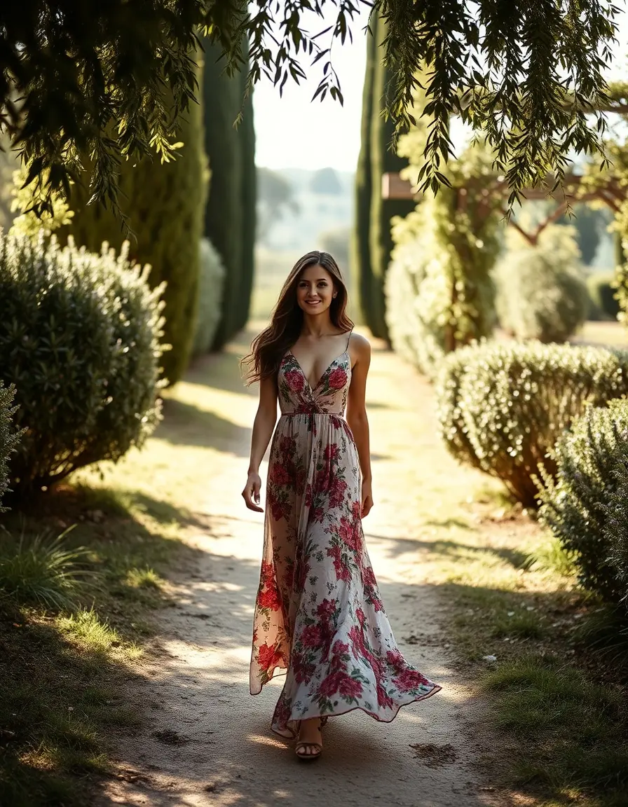 Donna con vestito lungo floreale in un giardino italiano soleggiato