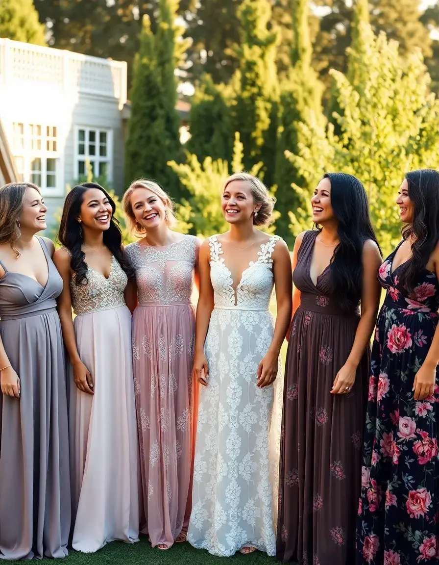 Gruppo di donne eleganti con diversi modelli di vestito matrimonio donna a una cerimonia all'aperto.