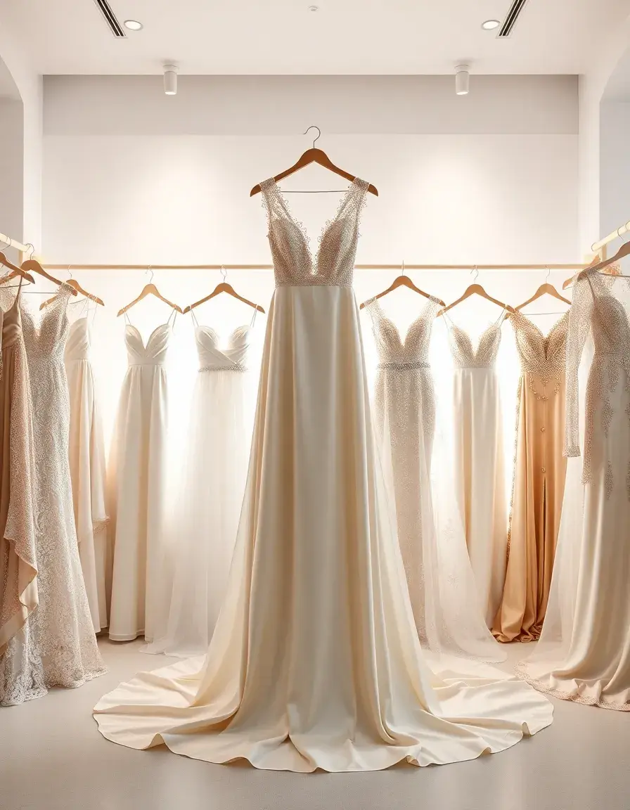 Eleganti vestiti da cerimonia donna disposti in una boutique luminosa