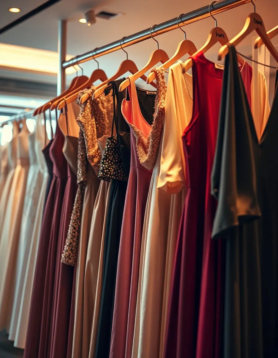 Una selezione di abiti da donna eleganti esposti in una boutique di lusso.