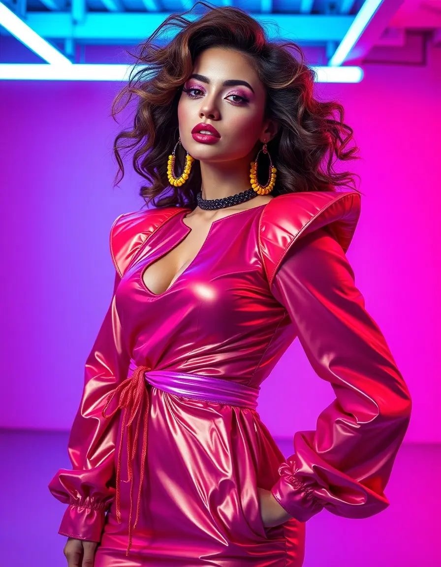 Modella con vestiti anni 80 dai colori vivaci e spalline larghe in uno studio moderno