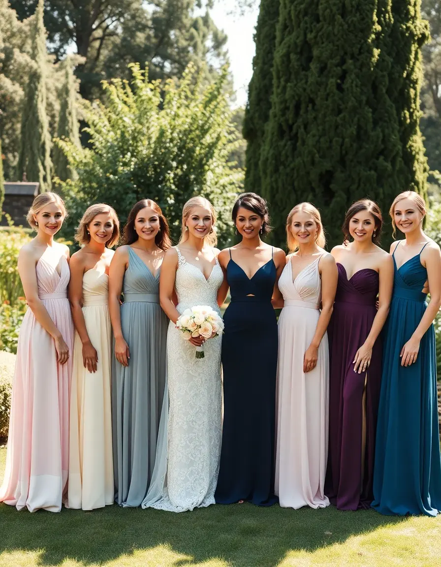 Gruppo di damigelle con eleganti vestiti da cerimonia in un giardino soleggiato