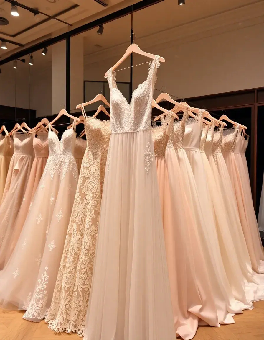 Selezione di vestiti eleganti per cerimonia in pizzo, chiffon e raso in una boutique di lusso.