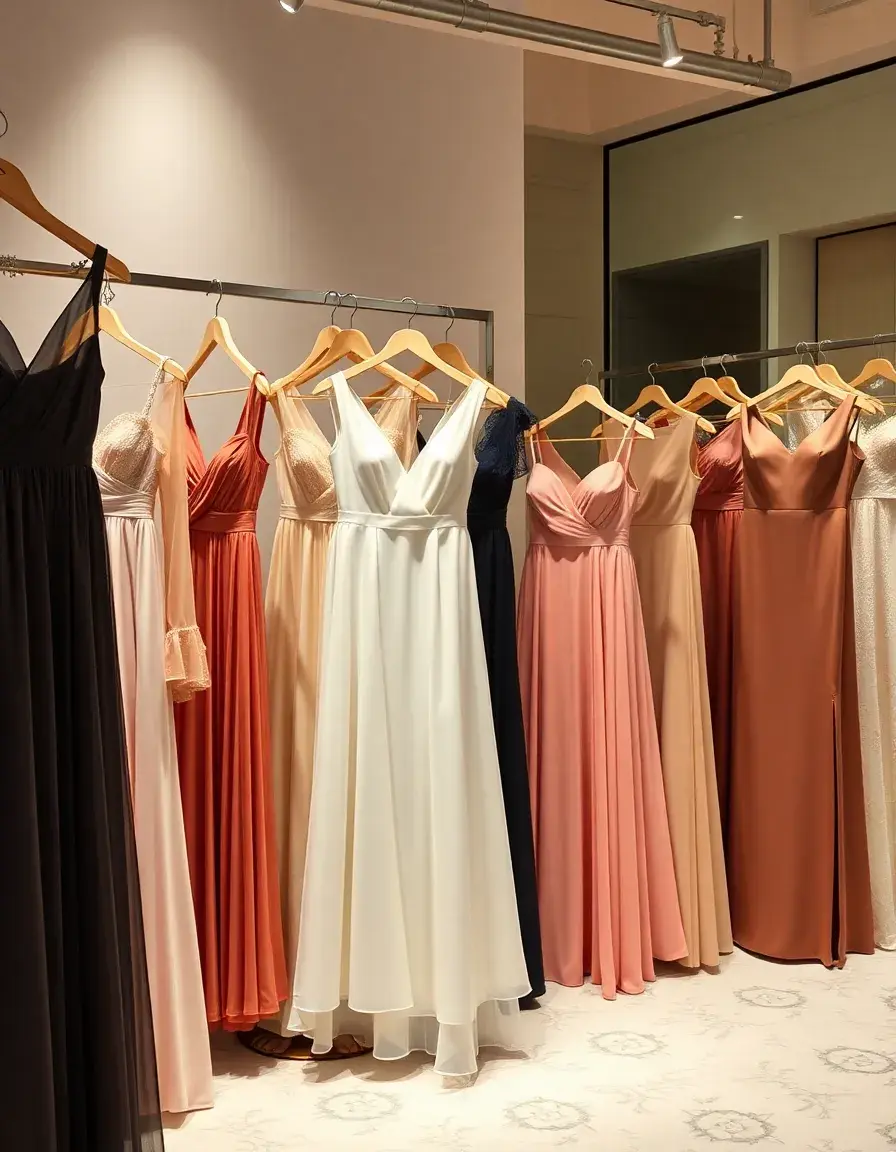 Eleganti abiti da donna in vari stili esposti in una boutique di lusso