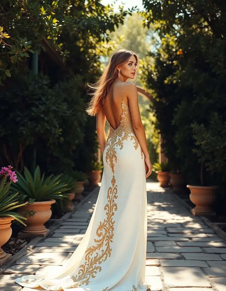 Elegante vestito bianco e oro indossato da una modella in un giardino soleggiato