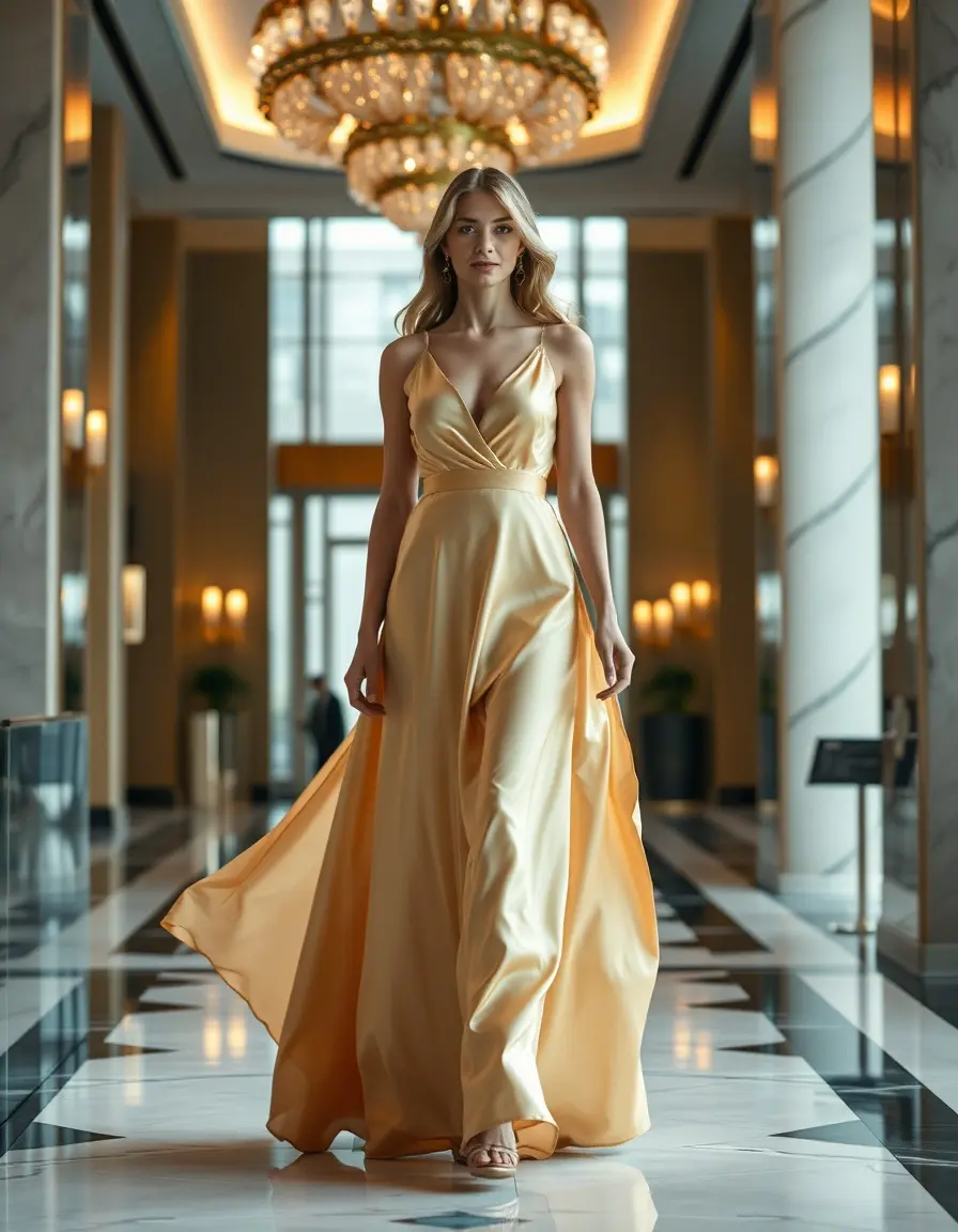 Donna elegante che indossa un vestito lungo elegante in seta color champagne in un ambiente di lusso.