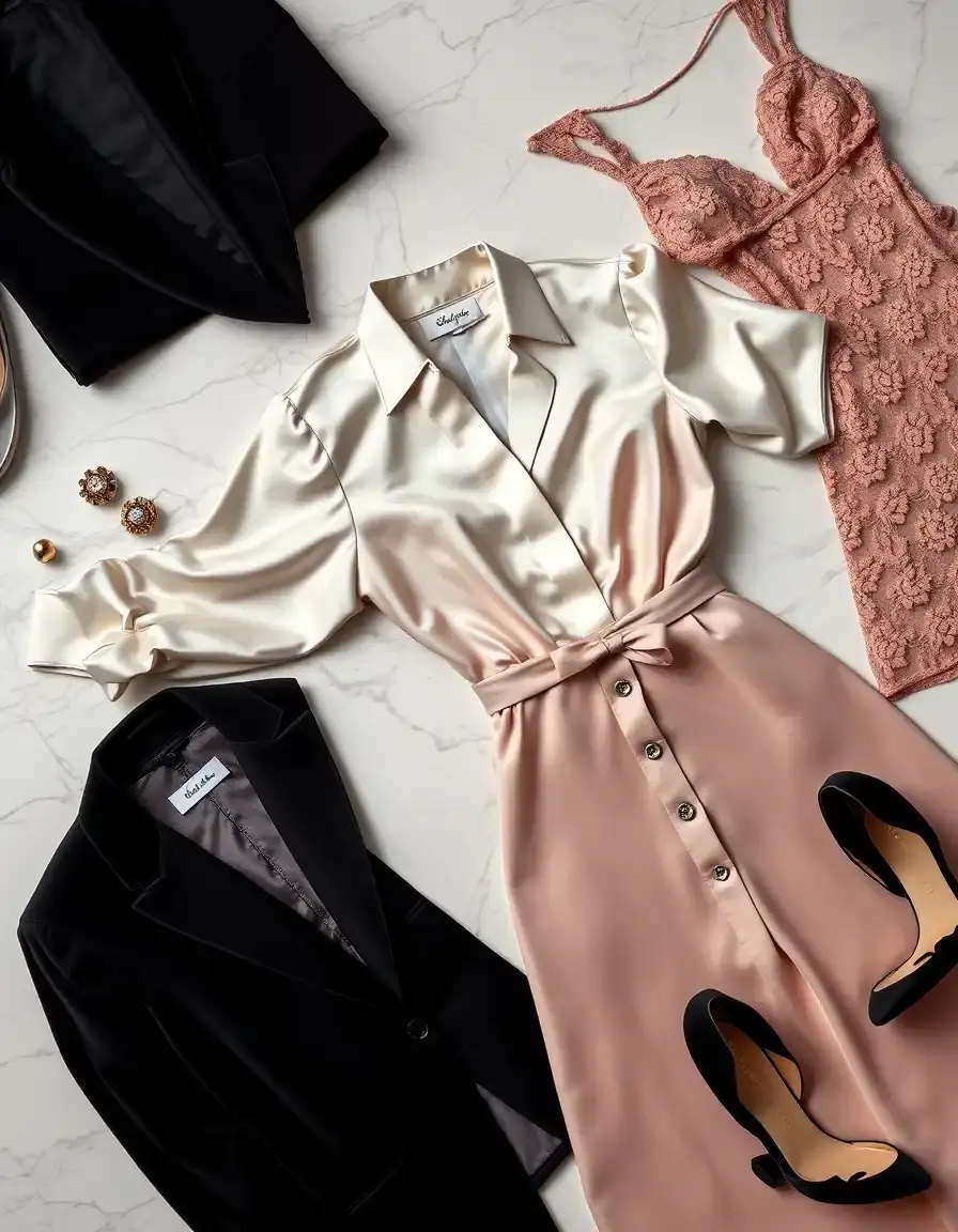 Elegante selezione di abbigliamento donna tra cui seta, pizzo e velluto su sfondo chiaro.