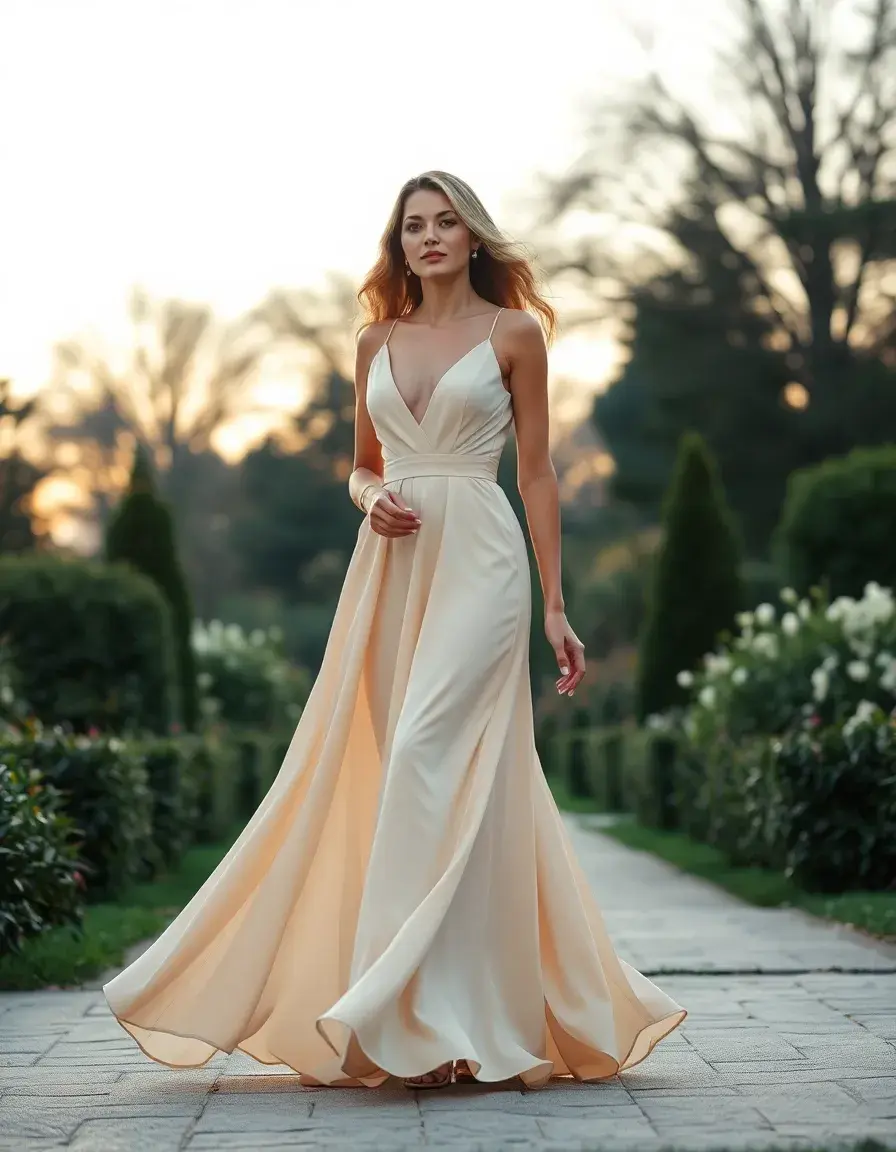 Donna elegante con abito lungo floreale in un giardino al tramonto