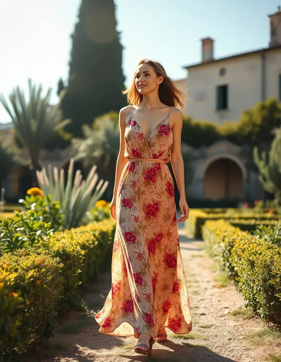 Elegante abito lungo donna a fiori indossato in un giardino soleggiato