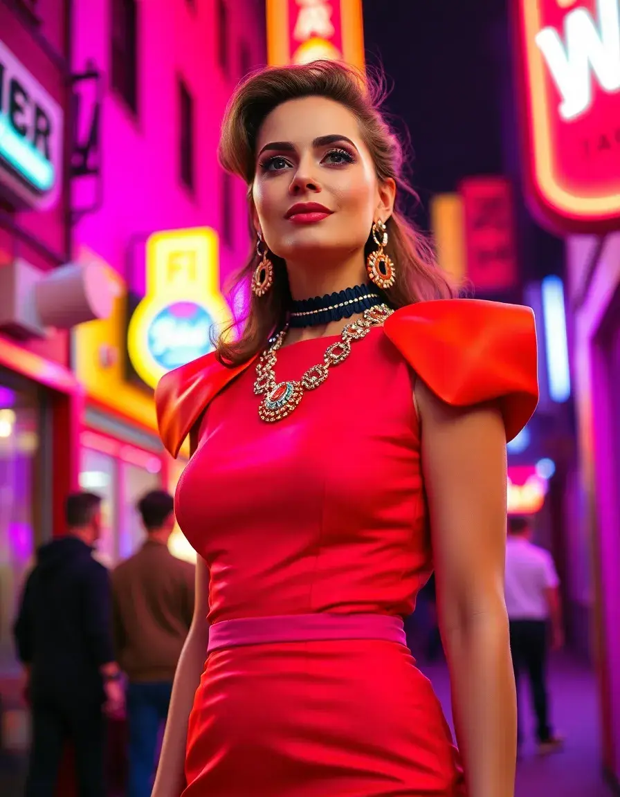 Donna elegante con vestito anni 80 con spalline larghe e gioielli audaci