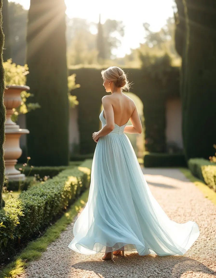 Donna in abito lungo in chiffon azzurro in un giardino soleggiato