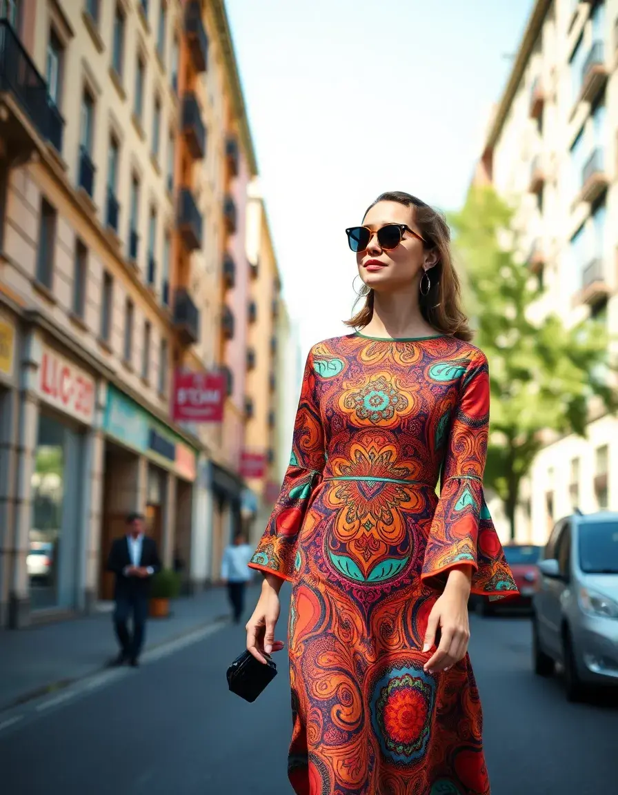 Donna con vestito anni 70 stampa psichedelica e maniche a campana in stile vintage