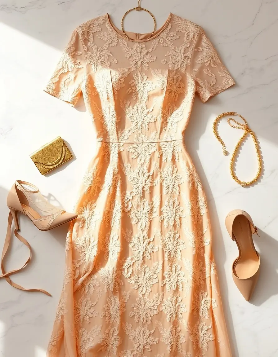 Elegante vestito da matrimonio in pizzo con accessori dorati su sfondo marmo.