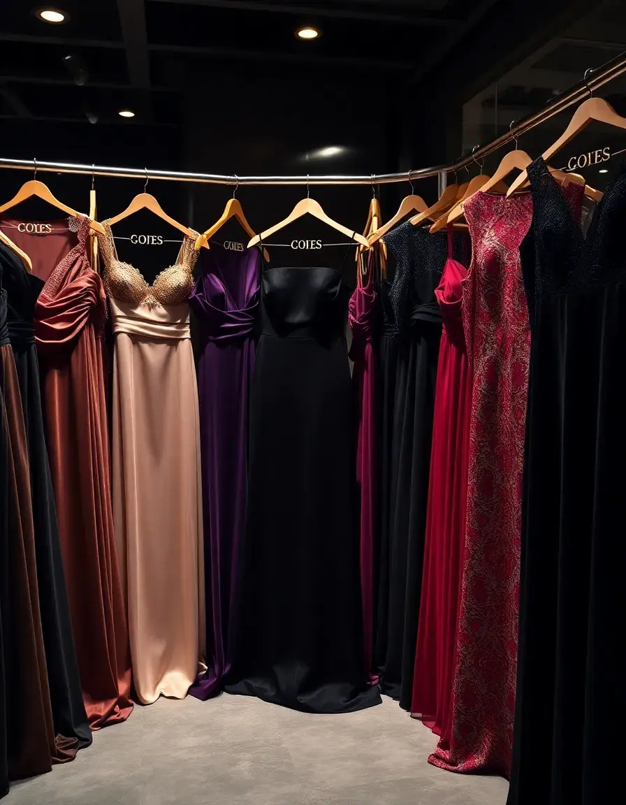 Collezione di vestiti donna eleganti in velluto e raso in una boutique di lusso