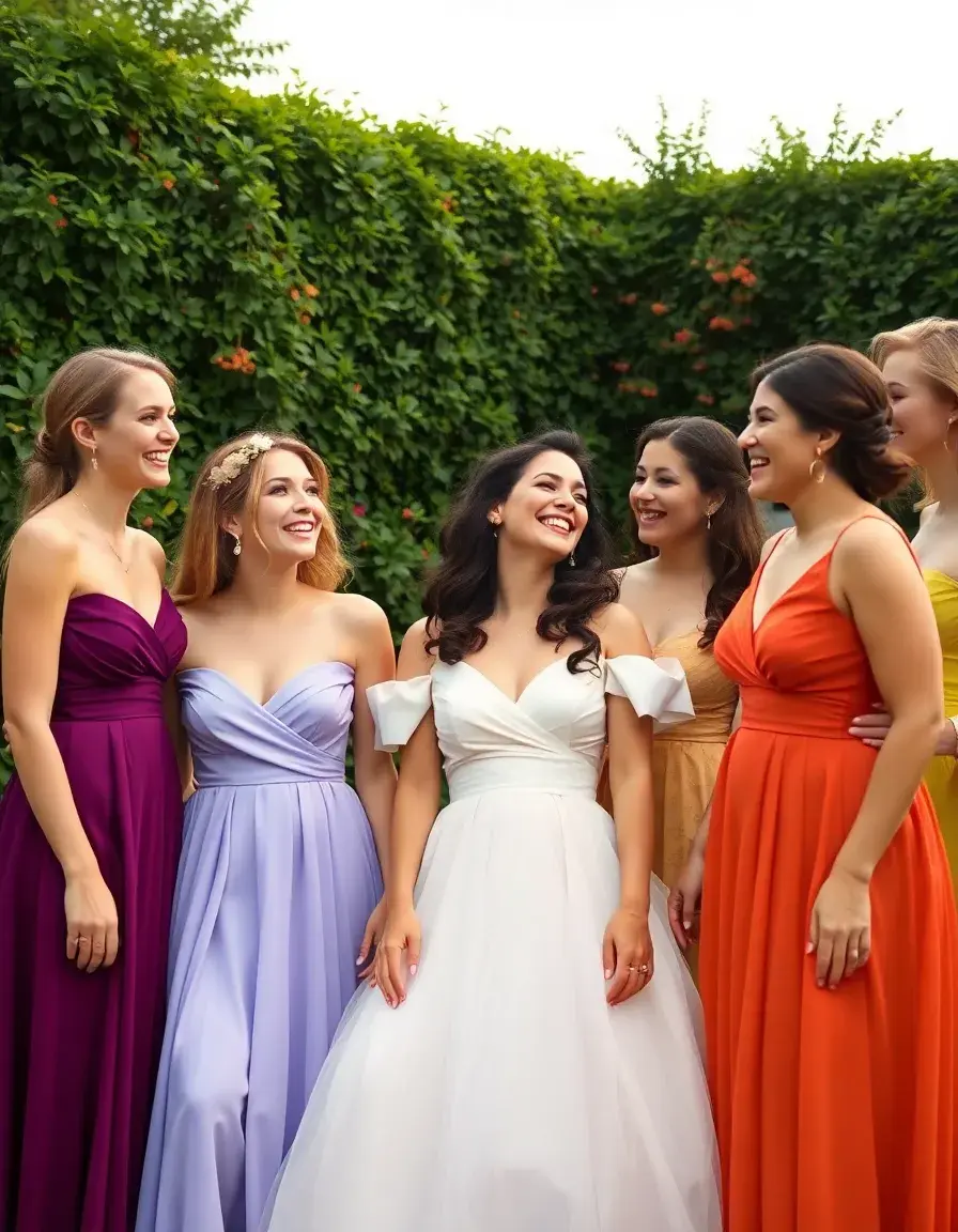 Gruppo di donne eleganti con vari vestiti cerimonia donna in un giardino
