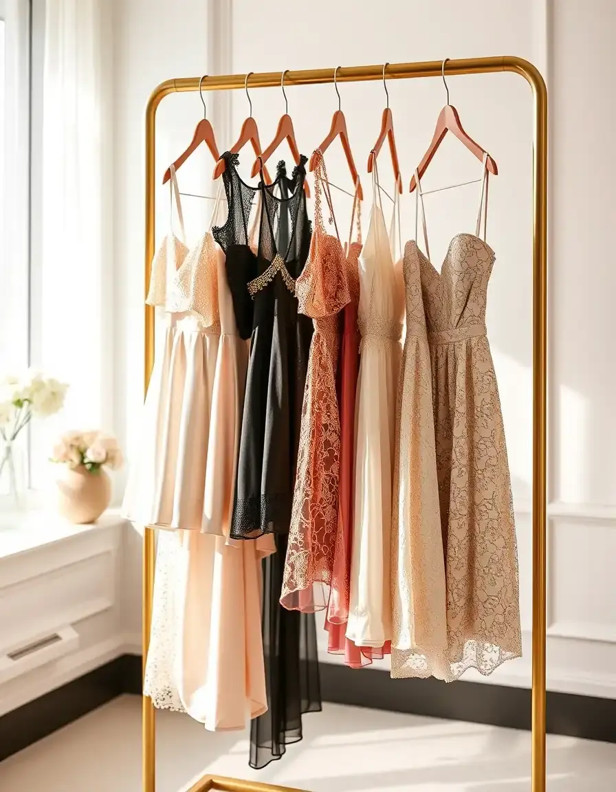 Selezione di vestiti eleganti corti in pizzo e paillettes in una boutique di lusso