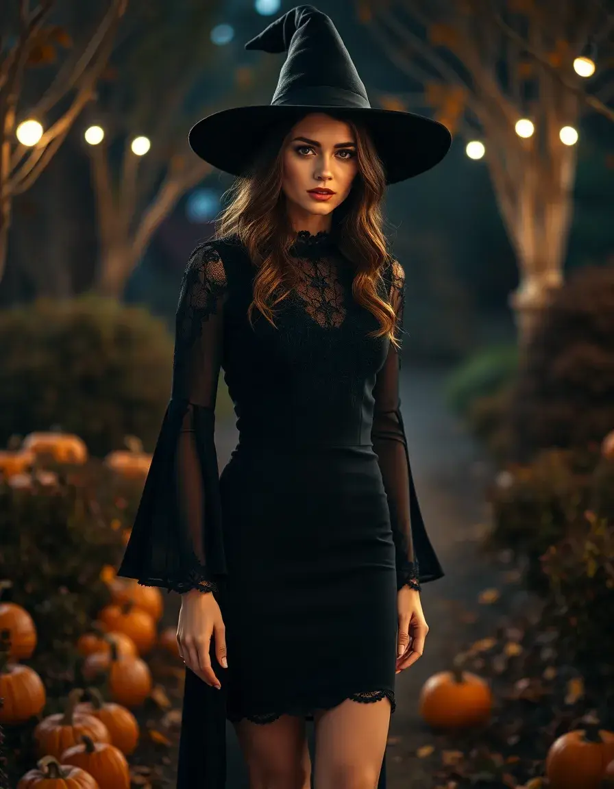 Elegante vestito Halloween donna stile strega in un giardino autunnale