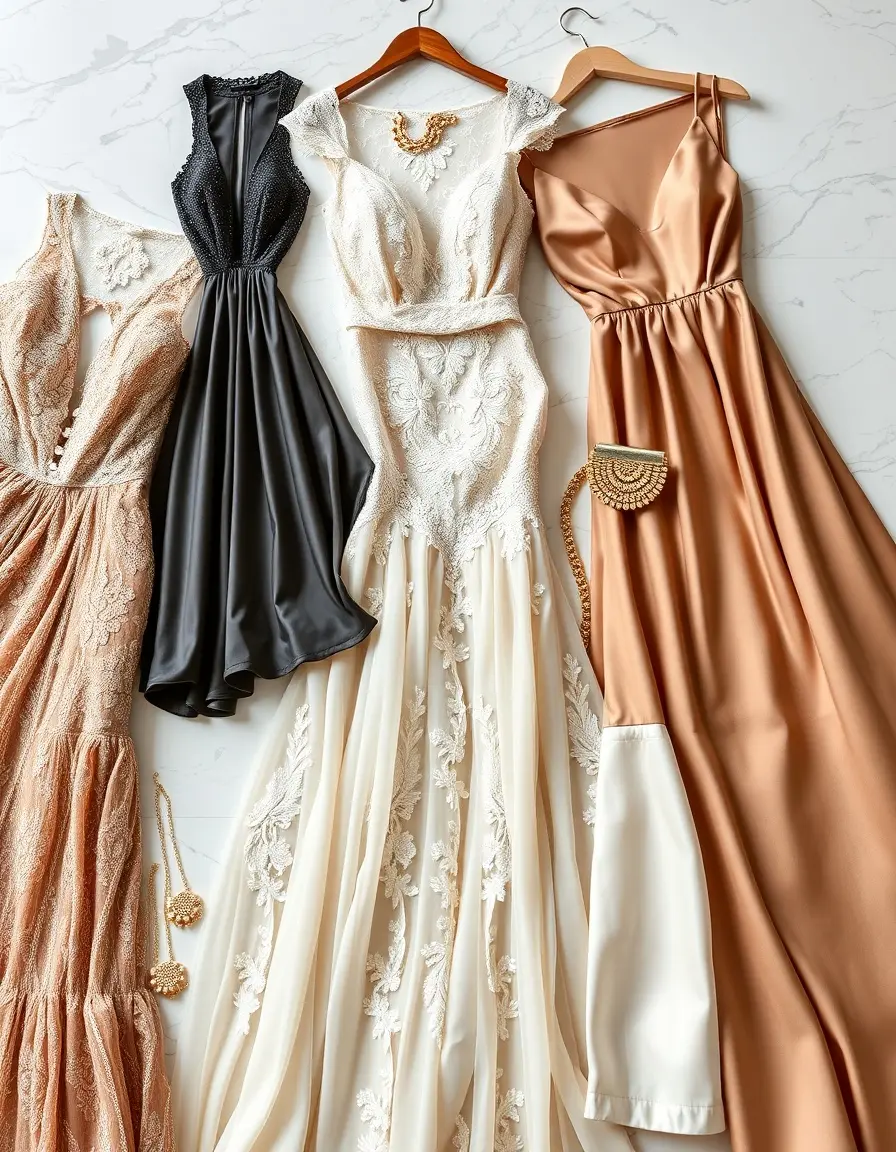 Elegante selezione di vestiti per cerimonia disposti con accessori dorati