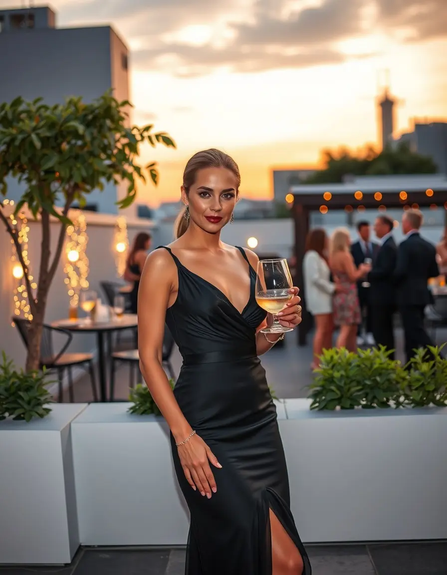 Elegante donna in vestito da cocktail a una festa in giardino al tramonto