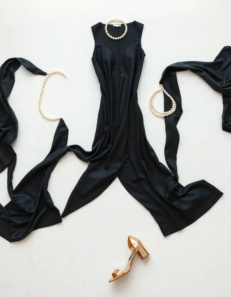 Vestito donna elegante in seta nera con accessori dorati su marmo