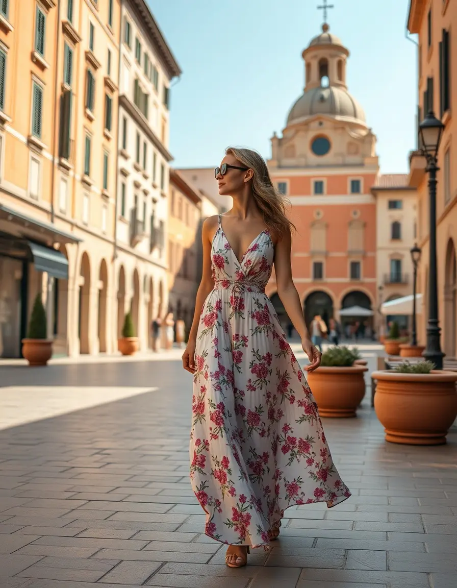 Donna elegante con vestito lungo floreale in una piazza soleggiata
