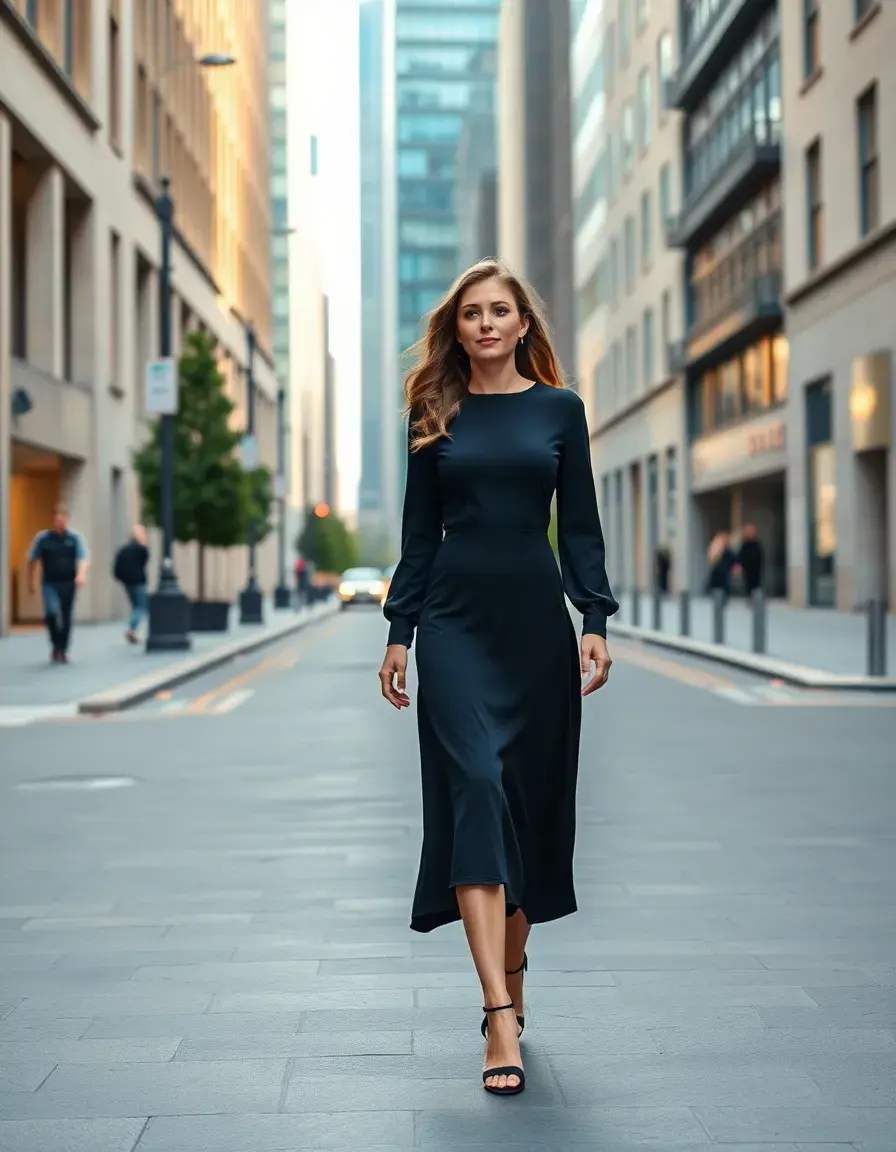 Donna elegante indossa un vestito maniche lunghe in un contesto urbano moderno