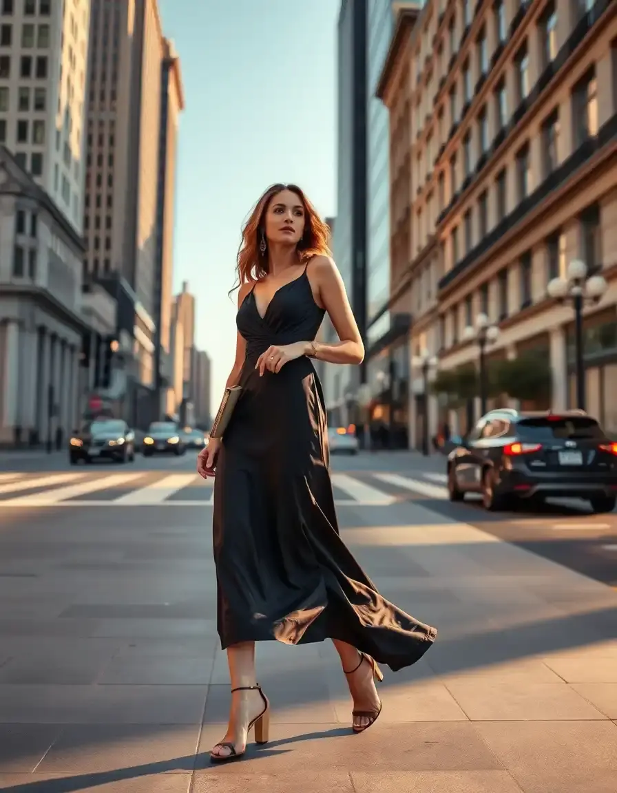Donna elegante con vestito nero elegante in seta e accessori dorati in città