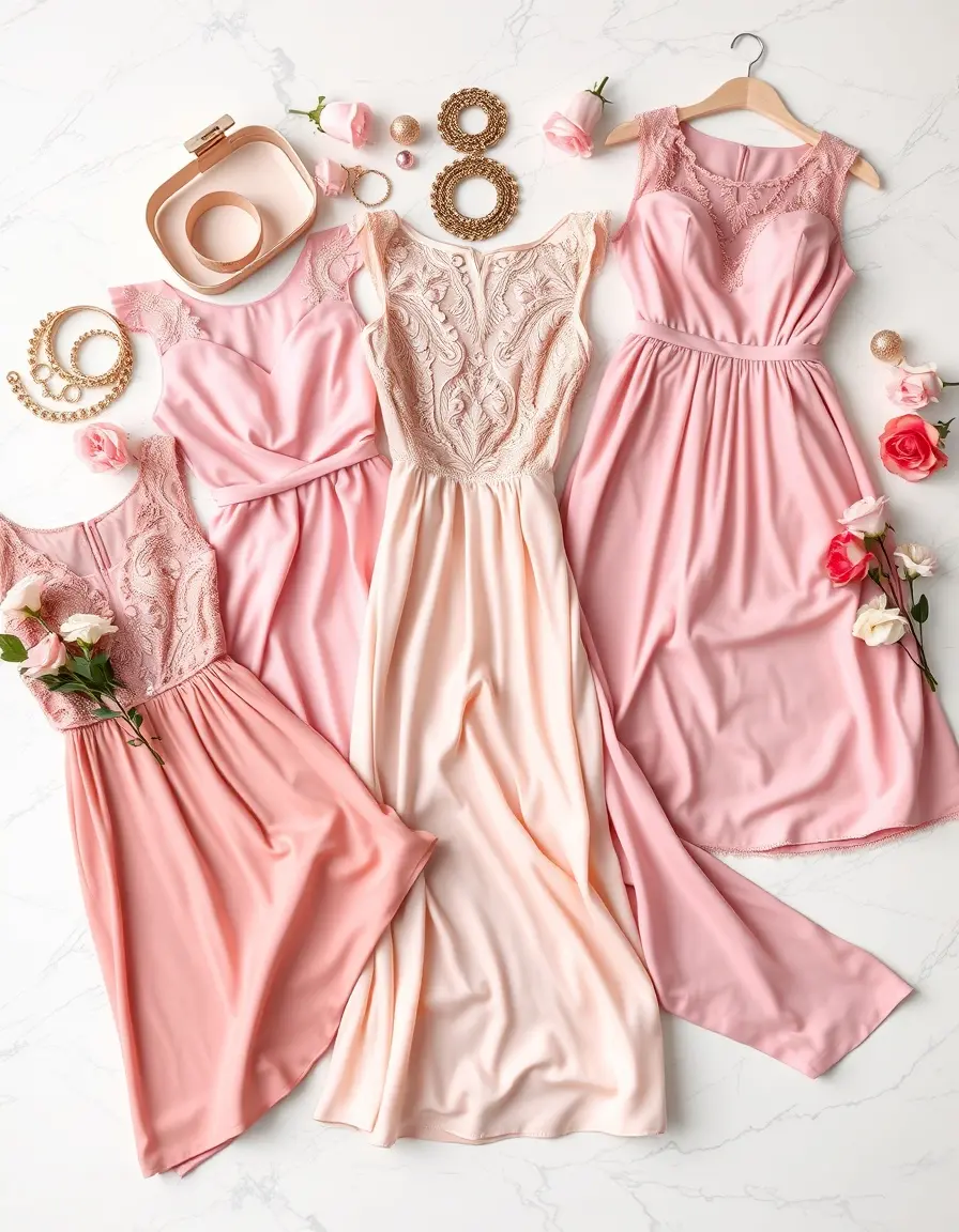 Collezione di vestiti rosa eleganti in vari tessuti e stili per ogni occasione.