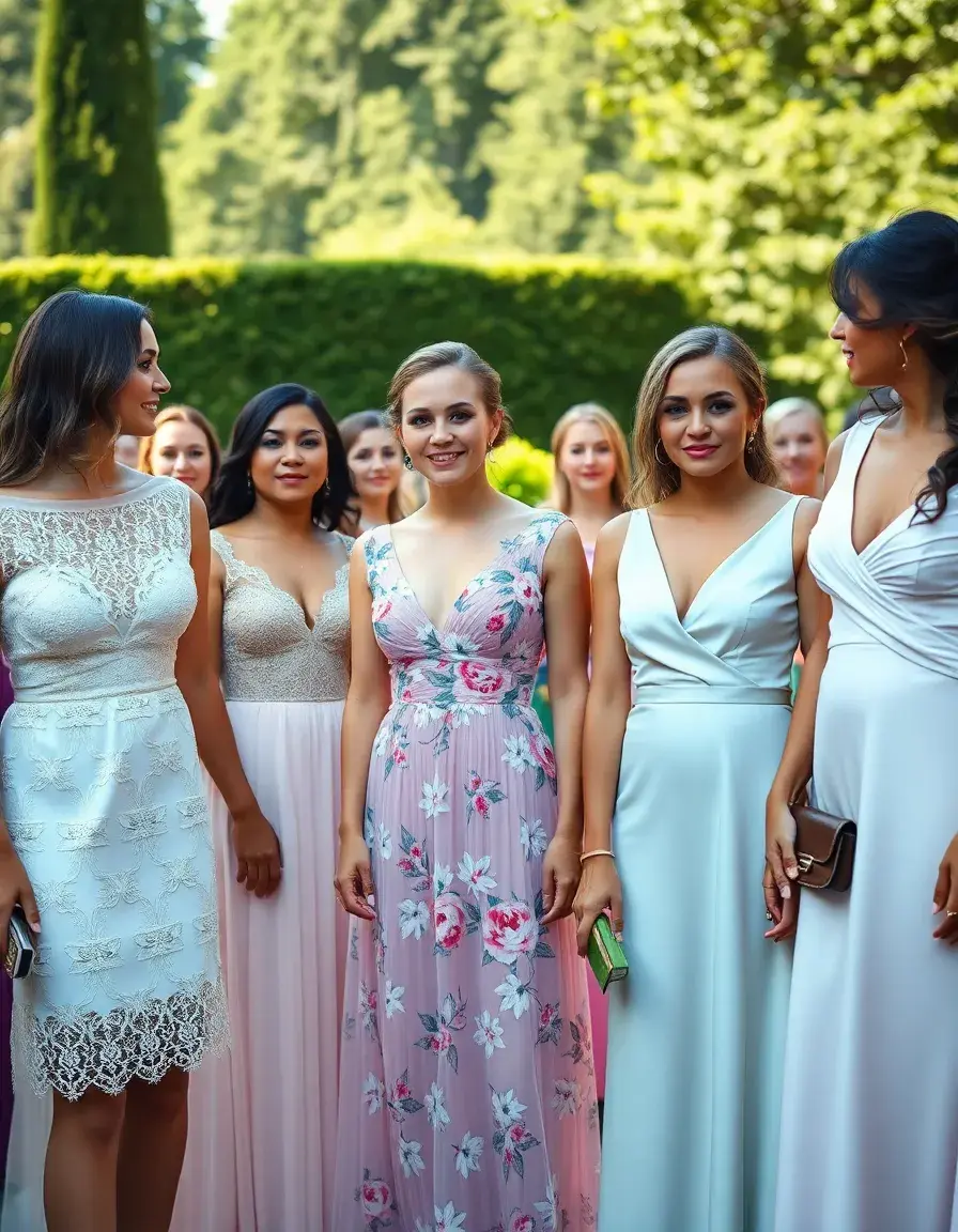 Gruppo di donne eleganti con matrimonio vestiti diversi in un giardino.