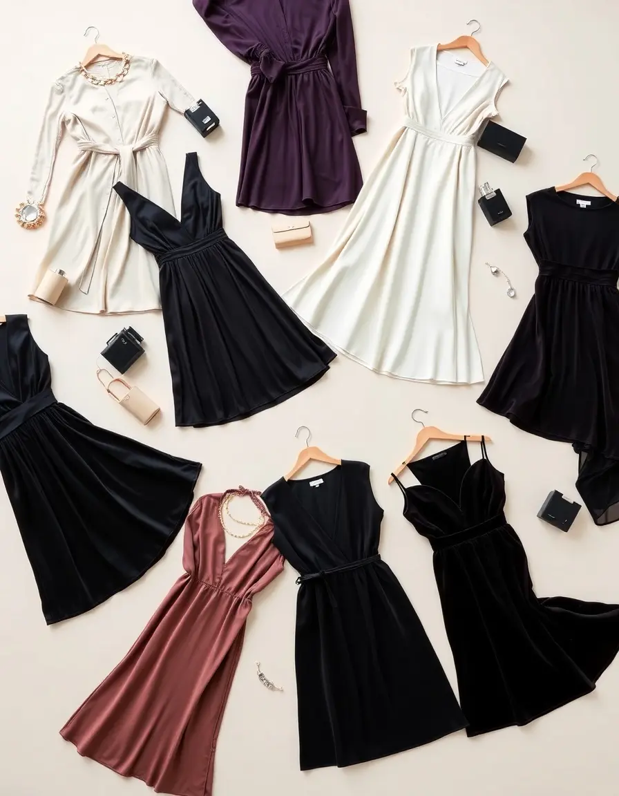 Selezione di abiti eleganti donna disposti con stile su sfondo neutro