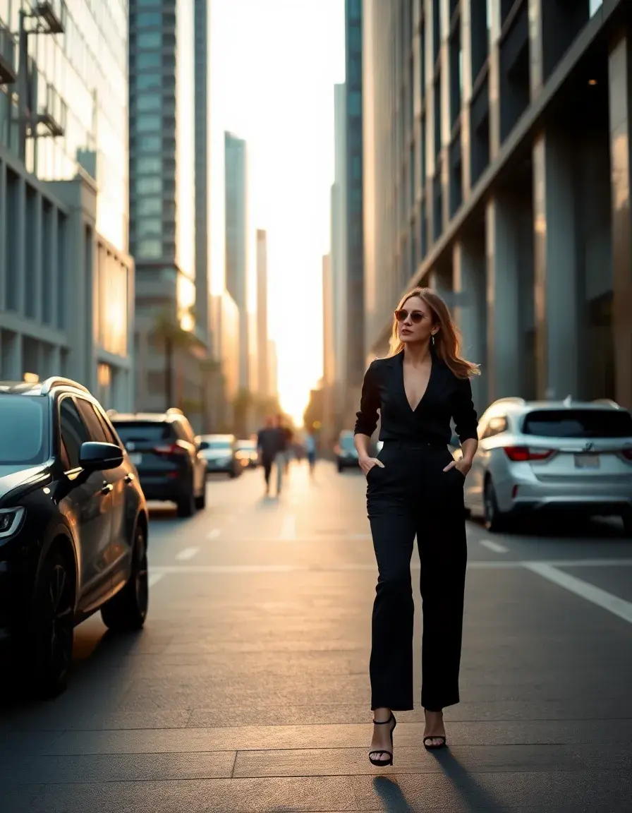 Donna elegante con tuta intera nera alla moda in una strada cittadina