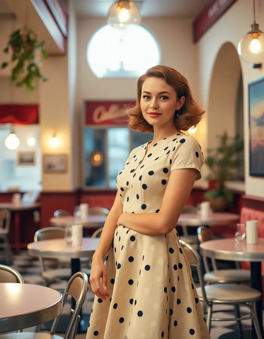 Donna con vestito anni 50 a pois in stile vintage swing