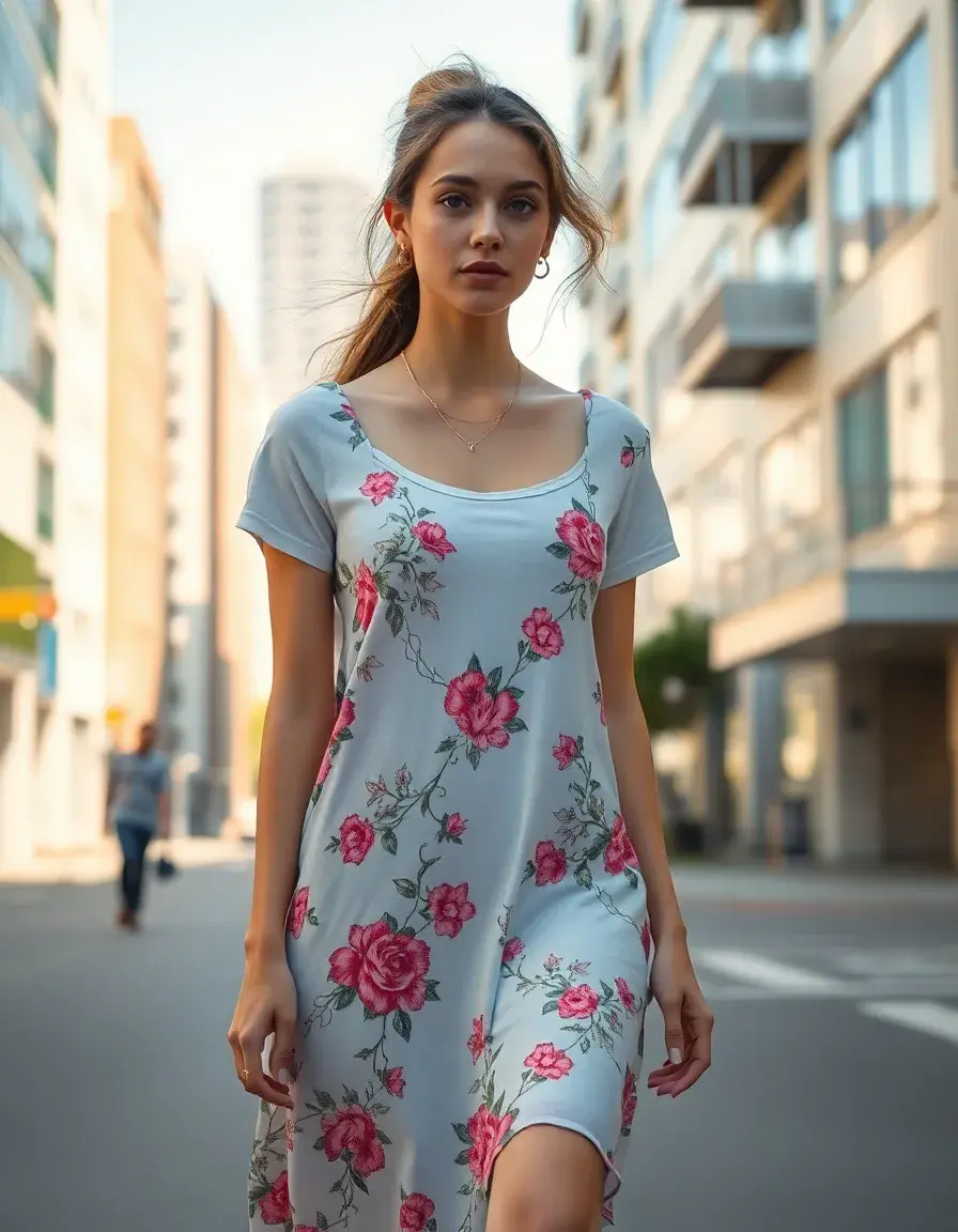 Donna che indossa un vestito floreale anni 90 sopra una maglietta bianca