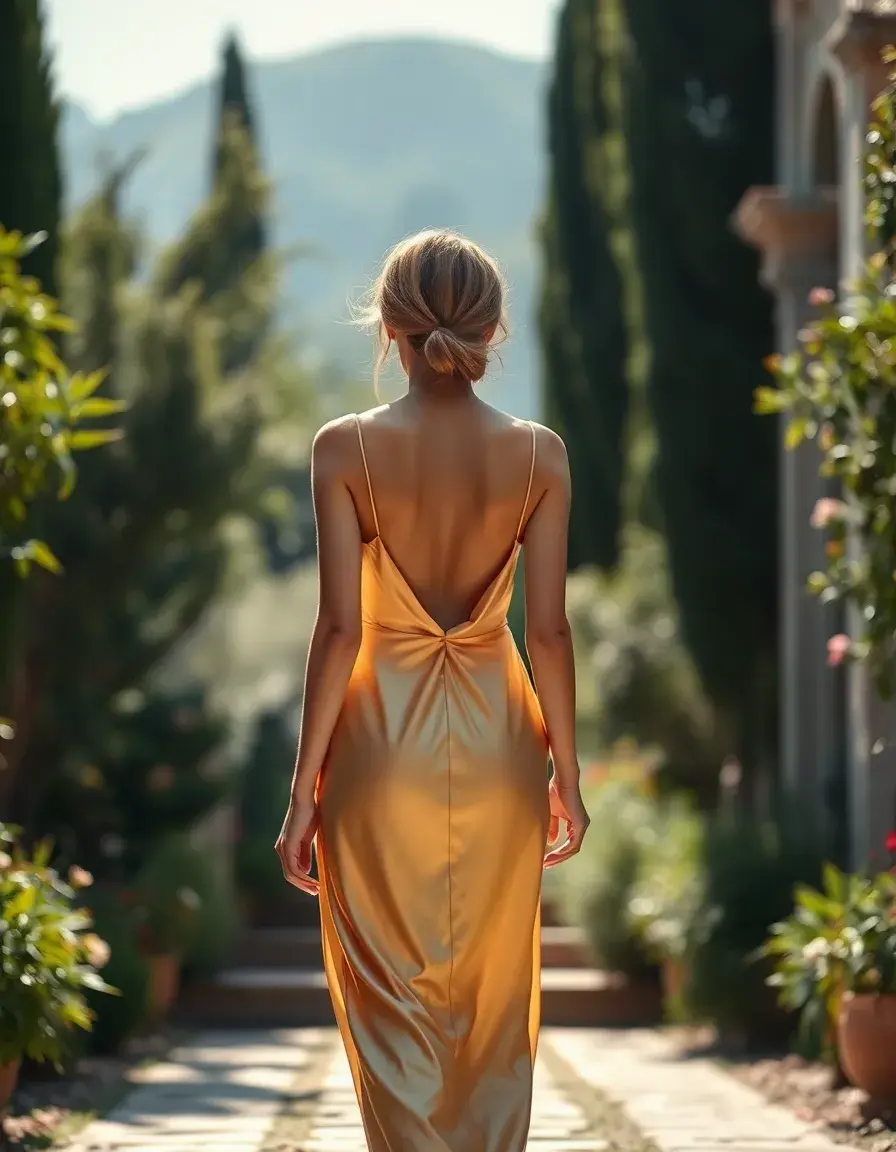 Elegante donna con vestito con la schiena scoperta in seta in un giardino soleggiato.