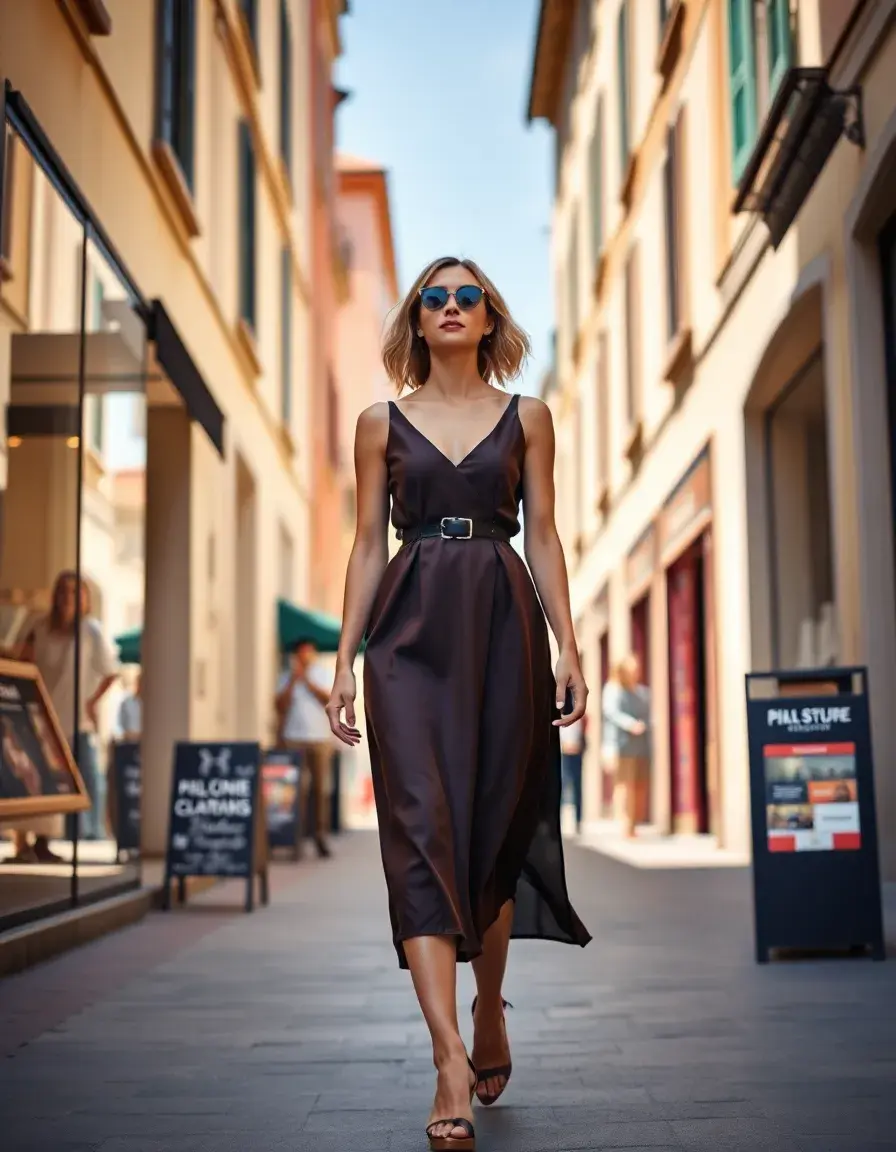 Donna elegante con abito midi cammina in una via del centro città