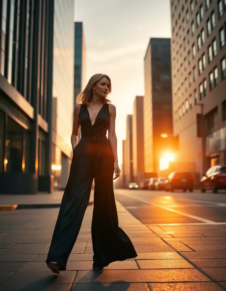 Donna elegante con tuta nera a gamba larga in seta in un contesto urbano moderno