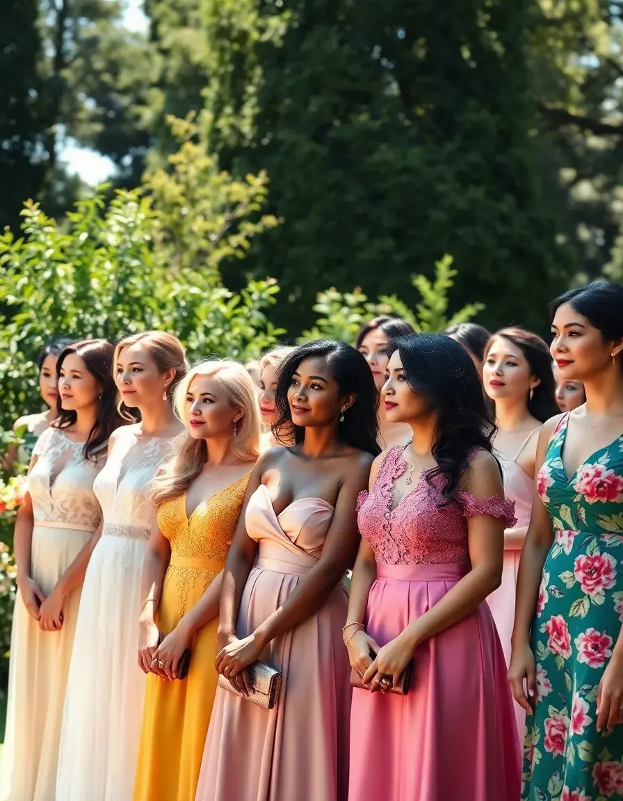 Donne eleganti con vestiti da matrimonio donna in una location all'aperto