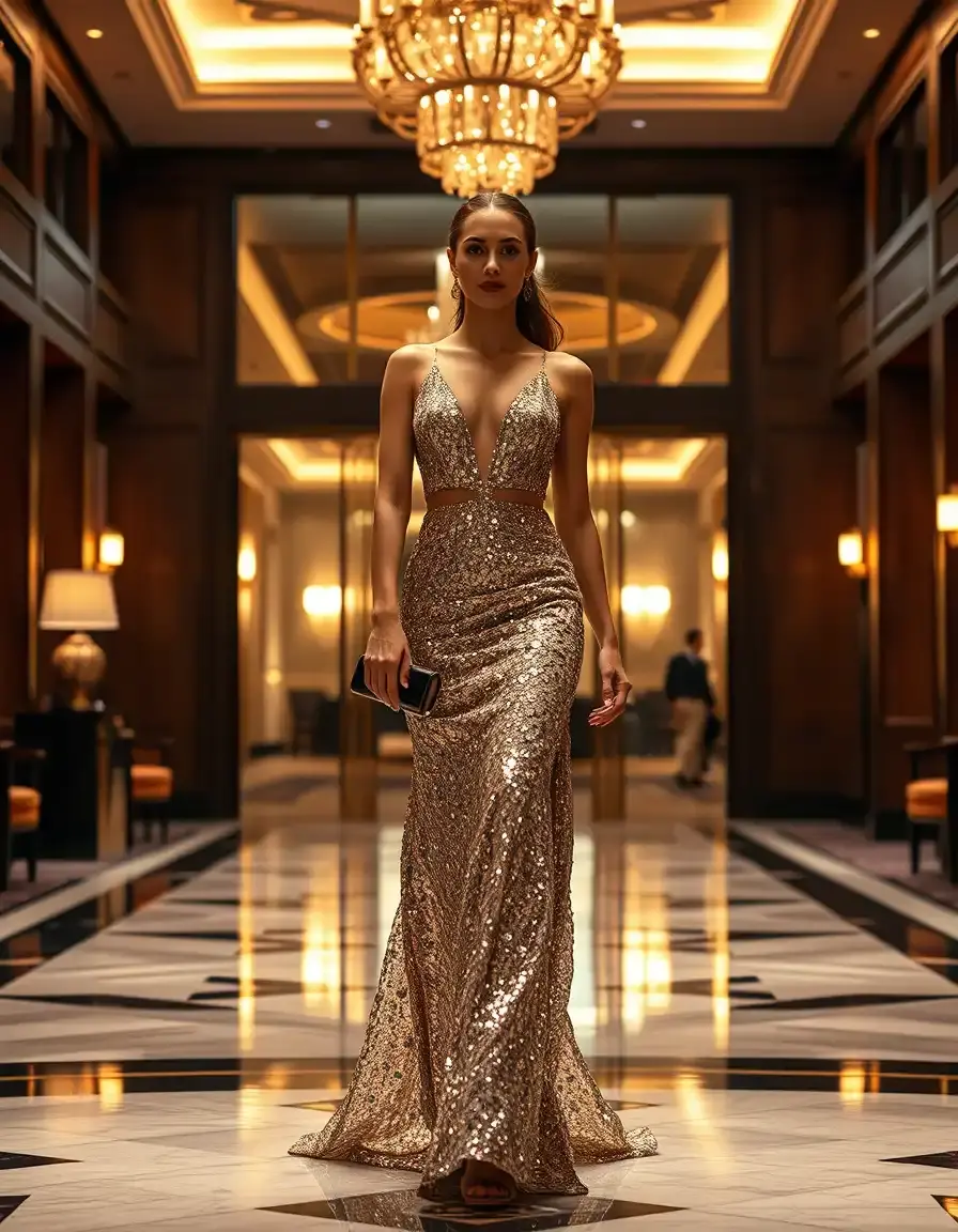 Donna elegante in abito da sera scintillante in una hall di lusso