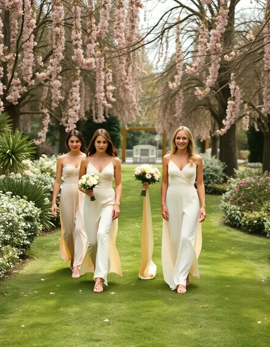 Damigelle d'onore con vestiti damigelle coordinati in un giardino