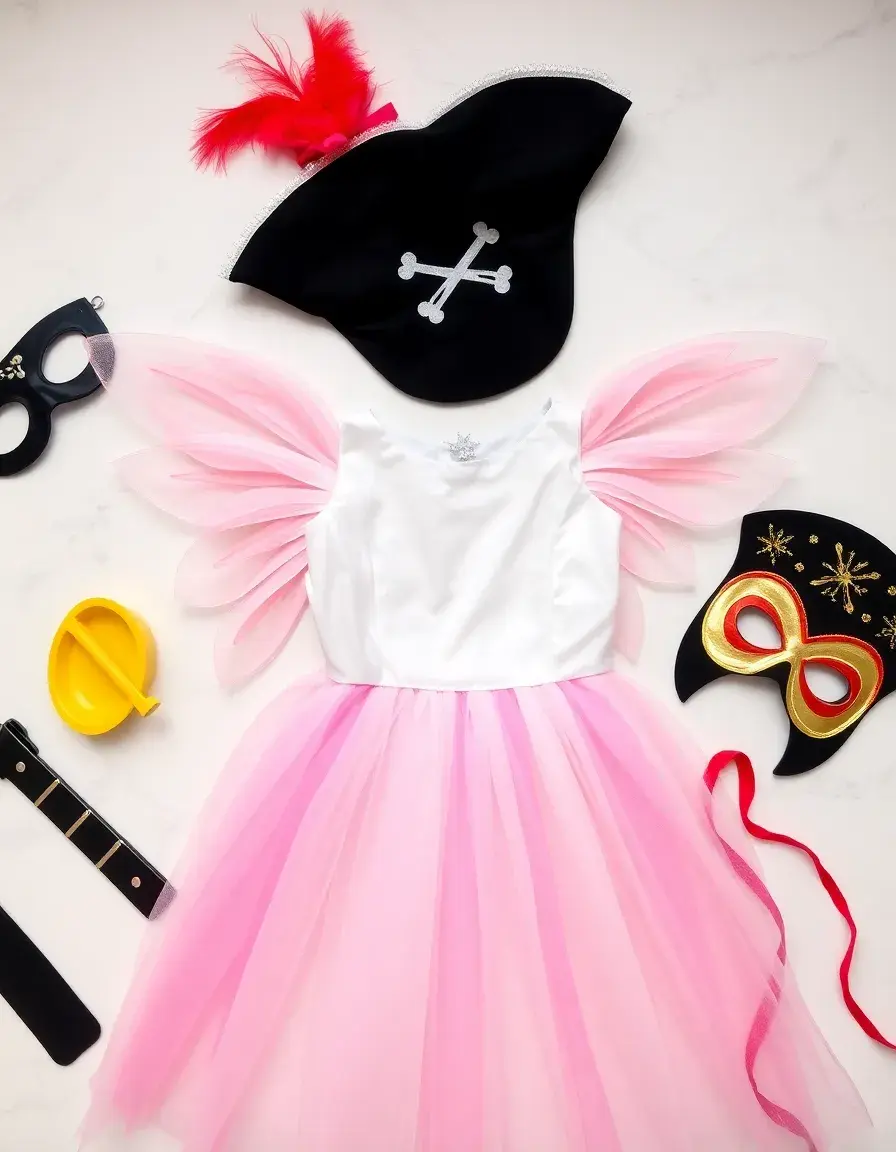 Eleganti vestiti di carnevale adulti e accessori moda su sfondo bianco