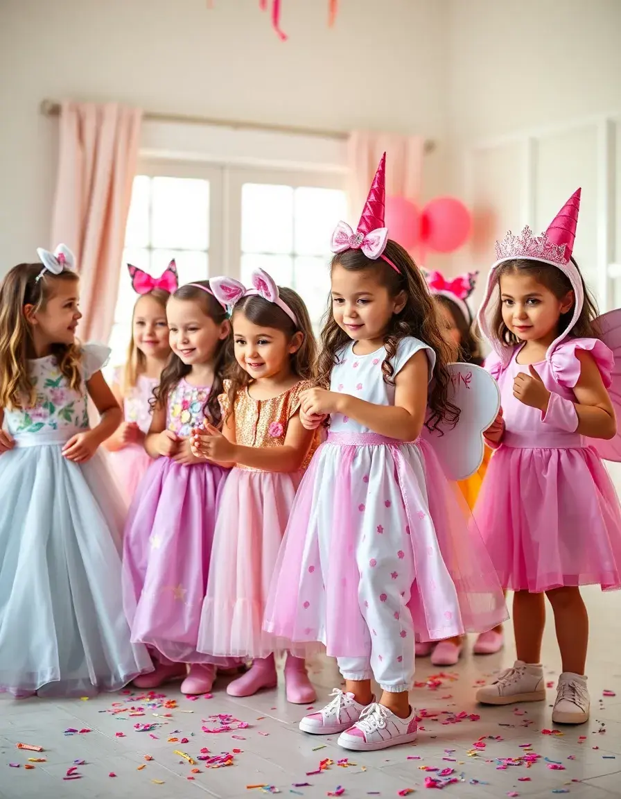 Bambine felici che indossano vari vestiti di carnevale bimba in un ambiente festoso