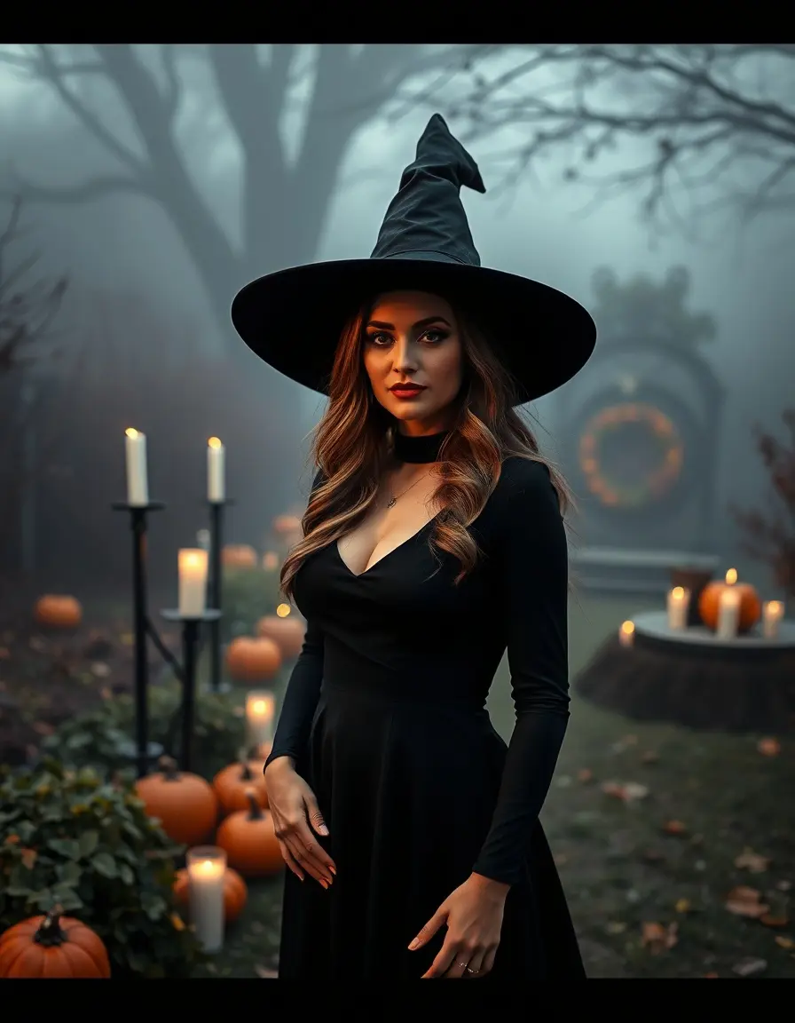Donna con vestito da strega moderno e cappello a tesa larga in un giardino autunnale con zucche.