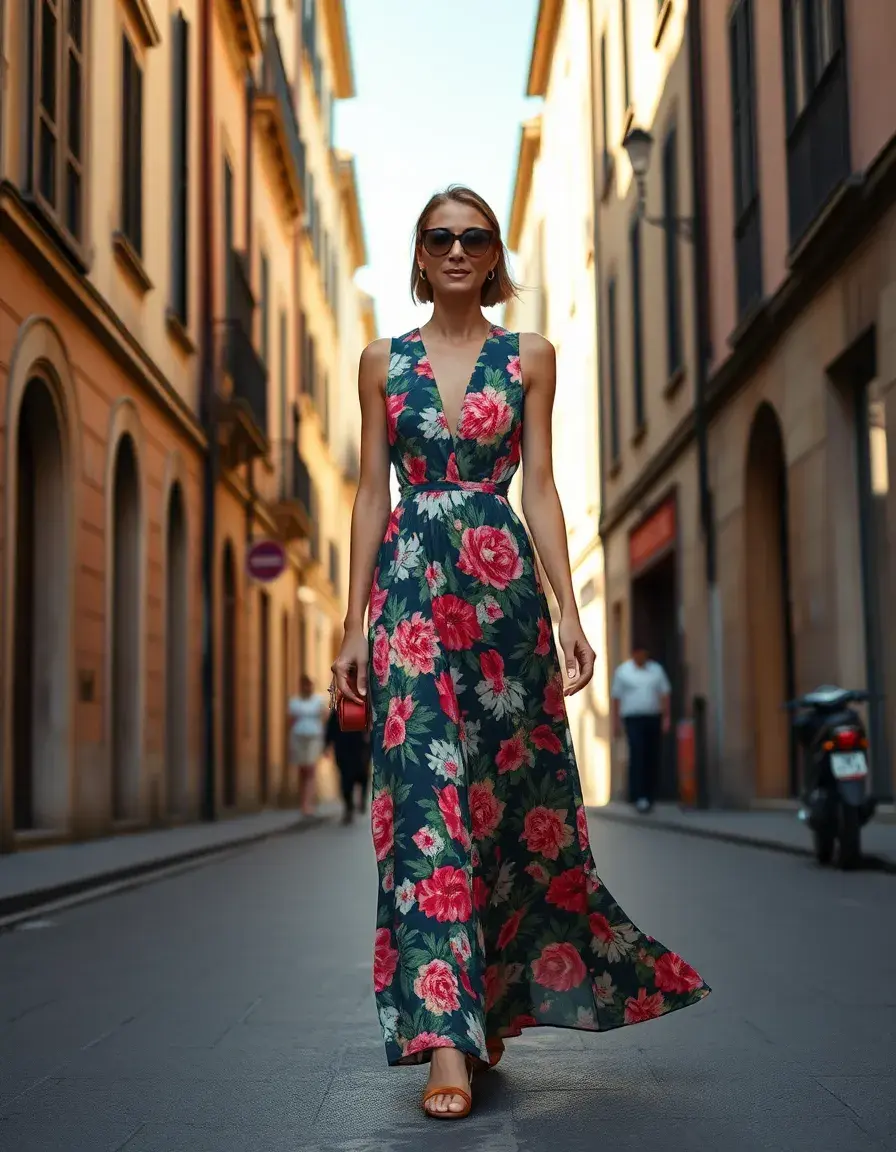 Donna elegante con vestito di motivi floreali cammina in città