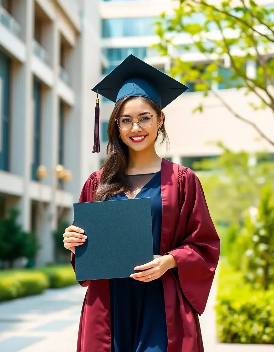 Donna sorridente in vestito elegante blu navy per laurea in un campus universitario